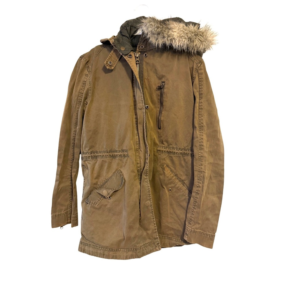 Zara Woman Olive Green Faux Fur Trim Hooded Utility Parka Jacket Medium